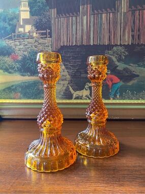 Amber Pressed Glass Pineapple Tapers Holders Hobnail Diamond Pattern